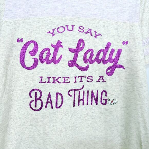 Disney Parks Cat Lady T-Shirt Women's M Ivory Purple Glitter Sparkle Fun - Picture 2 of 4